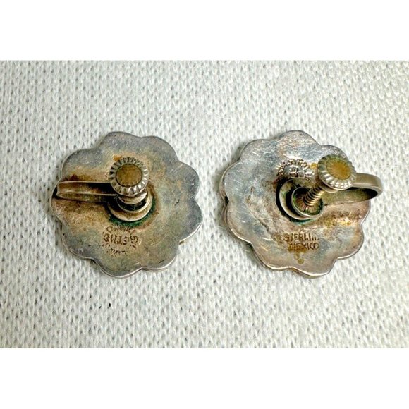 Abalone Shell and Onyx Inlay Sterling Flower Screw Back Earrings -Vintage- 7/8" - Picture 3 of 4